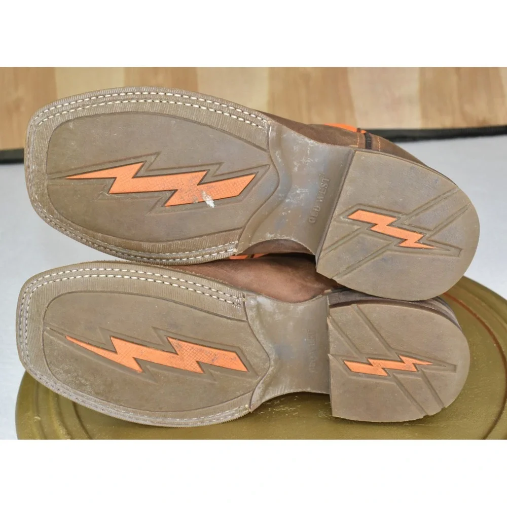 Old West Unisex Youth Boots Size 3.5 D Western Brown/Orange Embroidered